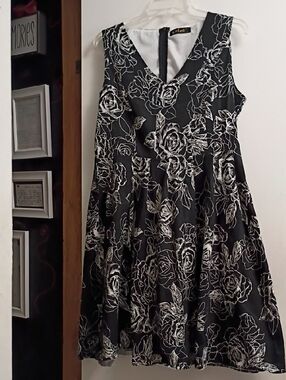 Black & White Rose Fit-and-Flare Dress